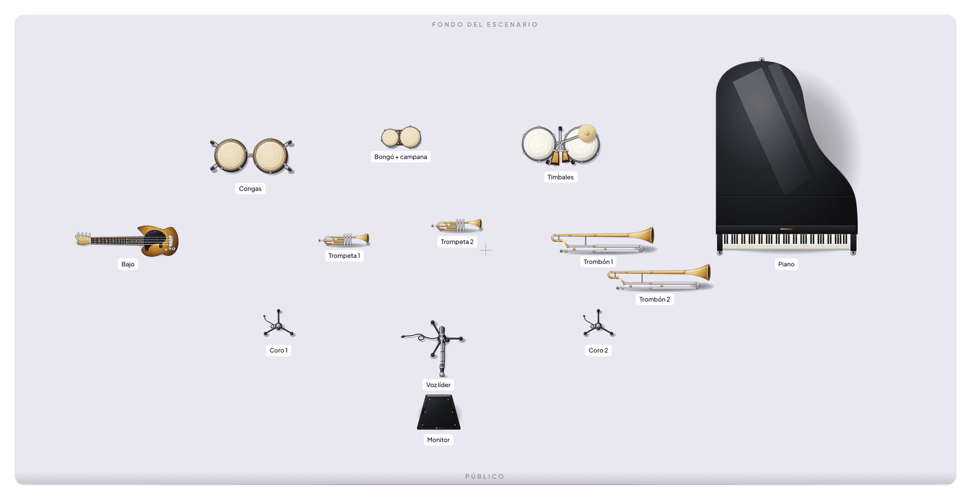 Un stage plot de orquesta de salsa con los instrumentos colocados en el escenario