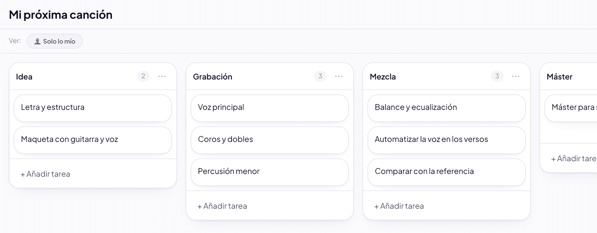 El tablero del Workspace con las etapas de una canción, de la idea al estreno